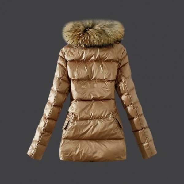 Moncler Donna lungo Giù cappotto di pelliccia collare Khaki Presa M1086